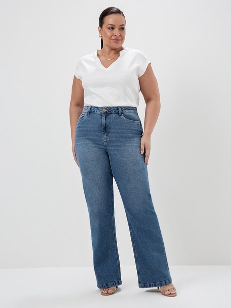 Calça Jeans Wide Leg Plus Size Azul Médio Selene