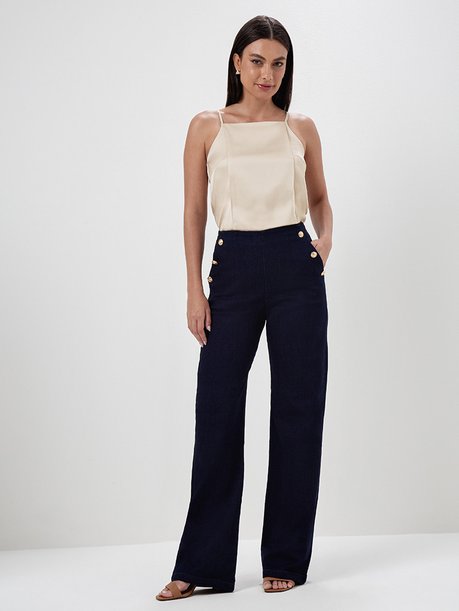 Calça Jeans Wide Leg com Botões de Brasão Azul Escuro Serena