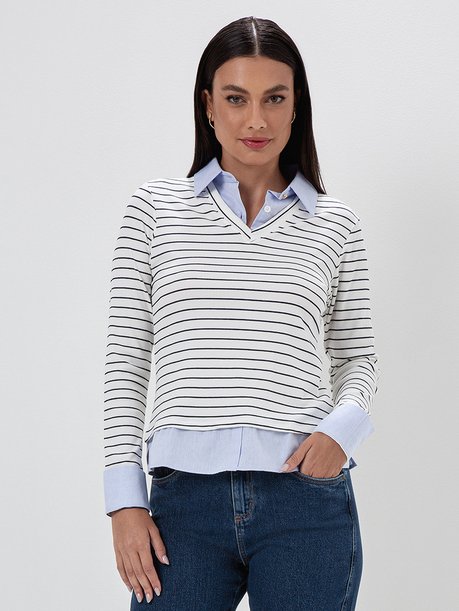 Suéter Camisa Listrado Off White e Marinho Sienna