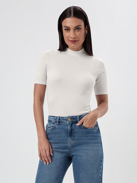 Blusa Manga Curta Malha Canelada Gola Alta Simaria
