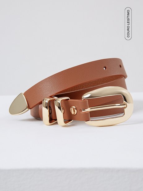 Cinto de Couro com Fivela Dourada Camel Rosa