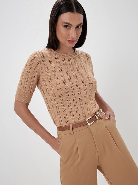 Blusa Manga Curta em Tricot Camel Talita