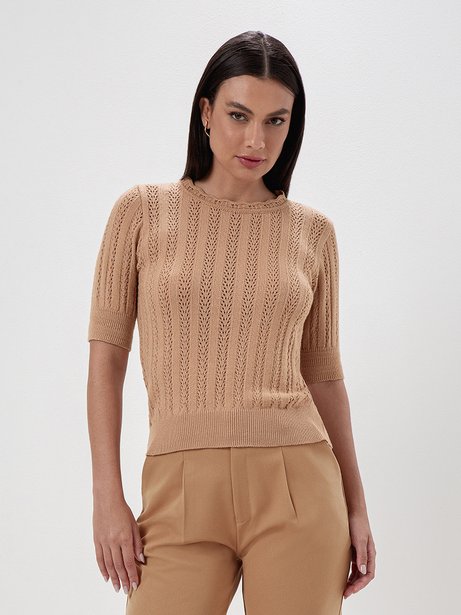 Blusa Manga Curta em Tricot Camel Talita