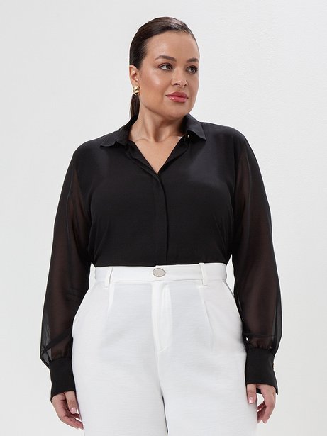 Camisa Manga Longa Plus Size Preta Tiara