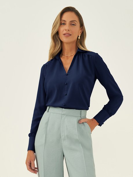 Blusa Manga Longa em Crepe Marinho Audrey
