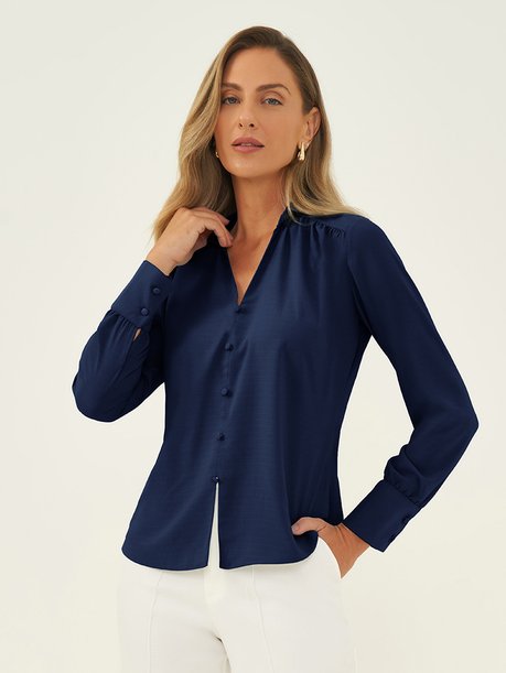 Blusa Manga Longa em Crepe Marinho Audrey