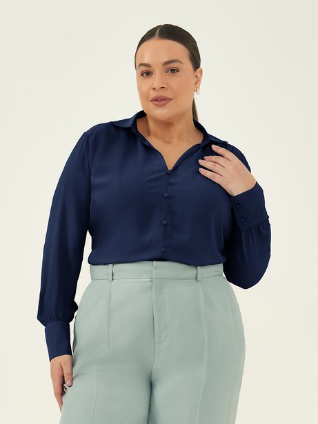 Blusa Manga Longa em Crepe Plus Size Marinho Audrey