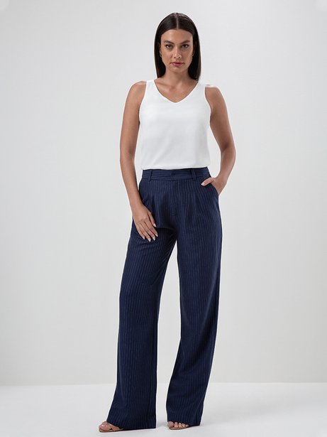 Calça Wide Leg em Alfaiataria Risca de Giz Marinho/ Off White Alice