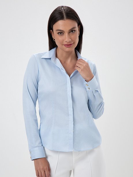 Camisa Algodão Listrada Manga Longa Azul Claro Joice