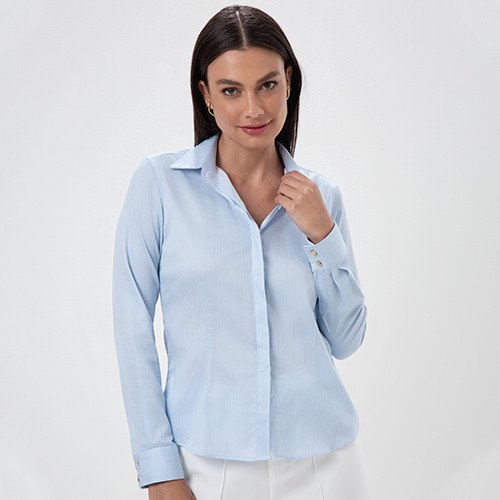 camisa feminina listrada azul branca joice look frente pequeno