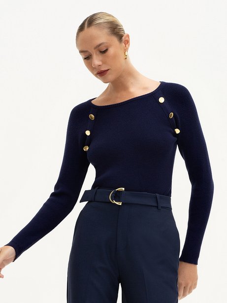 Blusa em Tricot Manga Raglã Marinho Ursula