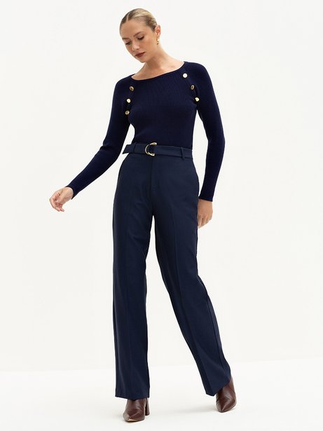 Calça Wide Leg  de Alfaiataria Marinho Índigo Valci