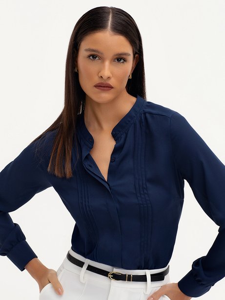 Camisa de Crepe com Pregas Frontais Marinho Valéria