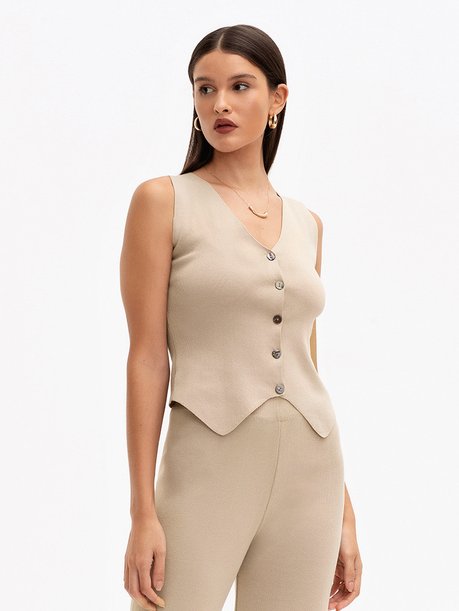 Colete Curto de Tricot com Botões Madrepérola Mocha Mousse Eneide