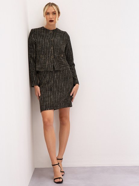 Saia Curta de Tweed Xadrez Preta e Off White Cendi