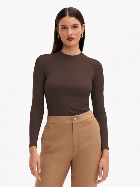 Blusa Manga Longa em Malha Canelada Marrom Delma