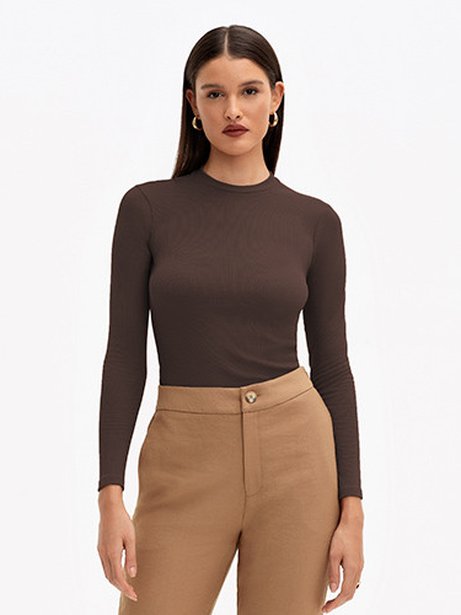 Blusa Manga Longa em Malha Canelada Marrom Delma