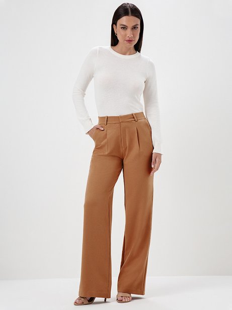 Calça Wide Leg de Alfaiataria em Viscose Camel Thalia