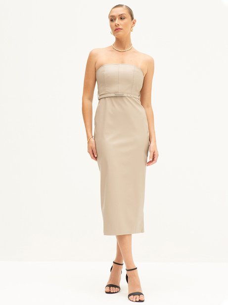 Vestido Tubinho de PU Maxi Longuete Bege Yolanda