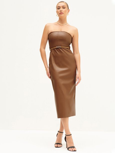 Vestido Tubinho de PU Longuete Camel Yolanda