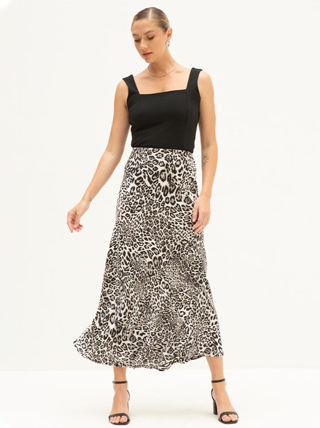Saia Maxi em Cetim Animal Print Preta Genevieve