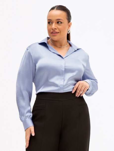 Camisa Manga Longa Plus Size Azul Claro Elenita