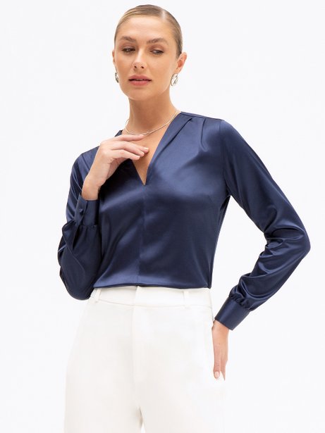 Blusa Manga Longa Decote V em Cetim Marinho Elly