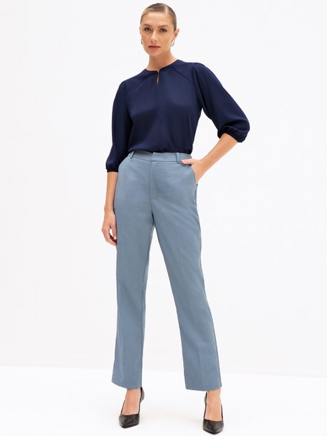 Calça Reta Regular de Alfaiataria Premium Azul Eloise