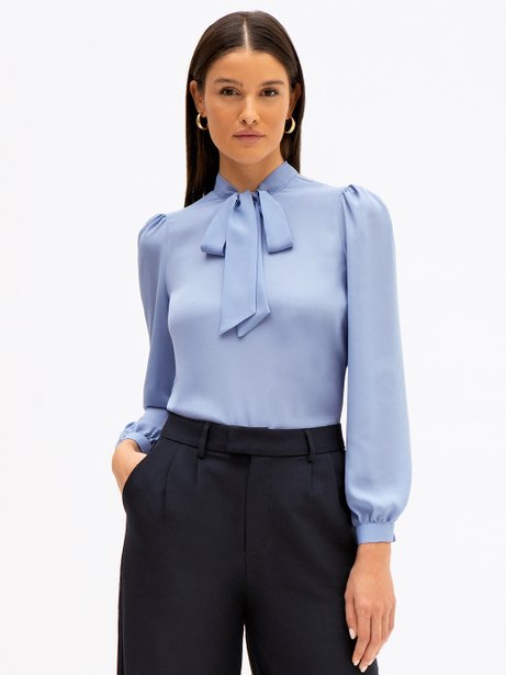 Blusa Manga Longa Gola Laço Azul Claro Florenza