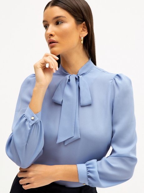 Blusa Manga Longa Gola Laço Azul Claro Florenza
