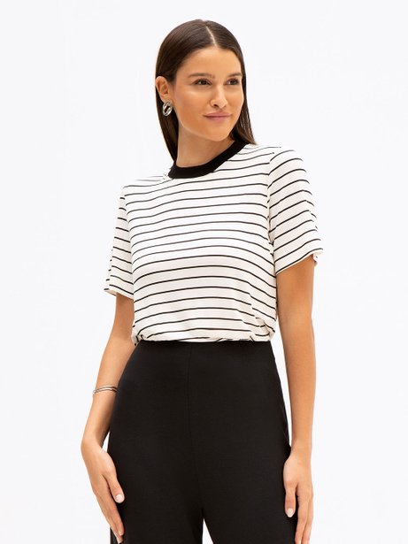 Blusa Manga Curta listrada Off White e Preta Heidi