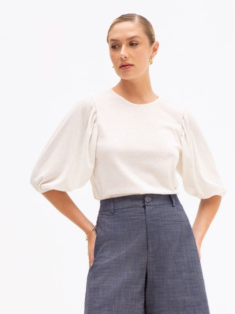 Blusa Manga 7/8 em Malha com Linho Natural Yone