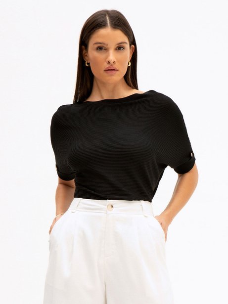 Blusa de Tricot com Botões nas Mangas Preta Zelinda