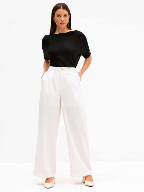Calça Wide Leg com Textura Chevron Off White Alissa