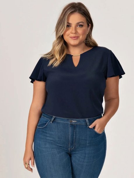 Blusa Manga Godê Plus Size Marinho Hilary