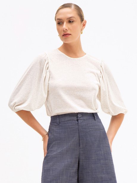 Blusa Manga 7/8 em Malha com Linho Natural Yone