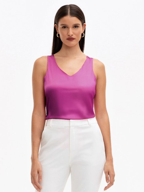 Regata em Cetim Rosa Pink com Decote V Zuleide