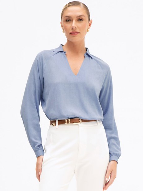 Blusa Comfy Manga Raglan em Viscose Azul Fabi
