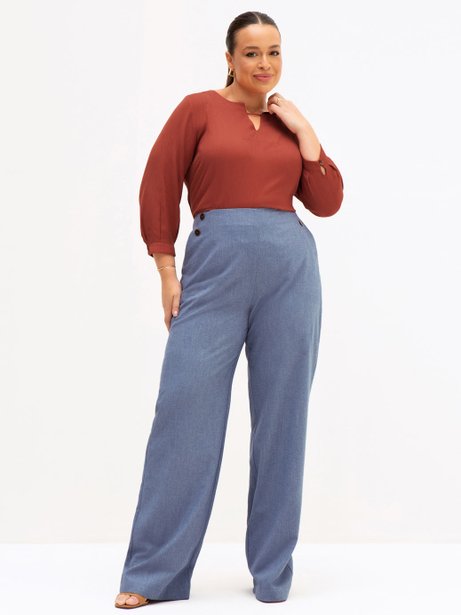 Calça Wide Leg Plus Size Azul Médio Francesca