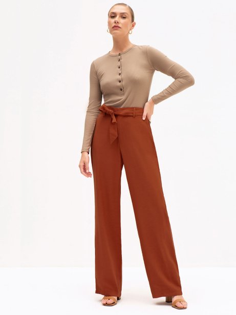 Calça Wide Leg com Cós Clochard Terracota Nay