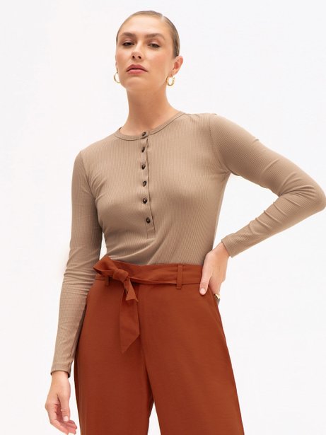 Blusa Manga Longa em Malha Canelada Bege Fantine
