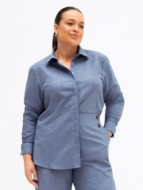Camisa Comfy em Algodão Plus Size Azul Médio Feliciana