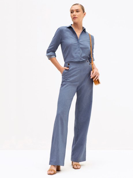Calça Wide Leg em Algodão Azul Médio Francesca