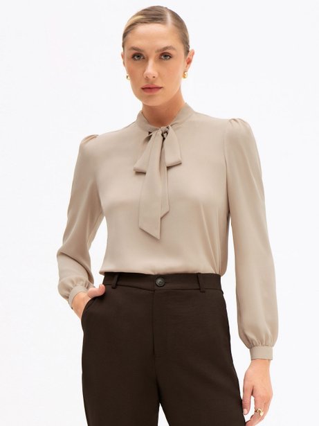 Blusa Manga Longa Gola Laço Bege Gabriella