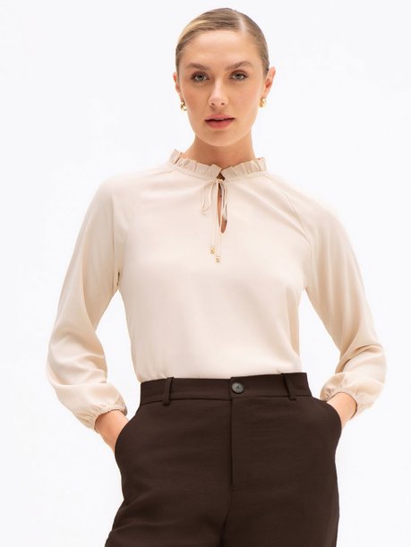 Blusa Manga Longa com Gola de Babado Aveia Gloriana