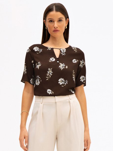 Blusa Manga Curta em Viscose Estampada Floral Marrom Graciane