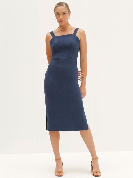 Vestido Tubinho com Alças de Linho Marinho Berenice