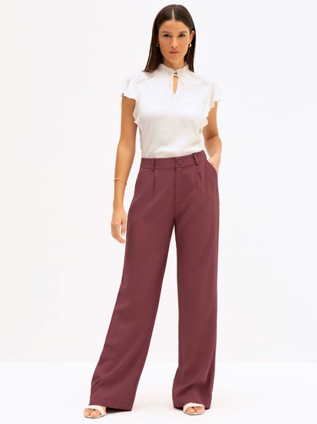 Calça Wide Leg em Alfaiataria de Viscose Marsala Bianca