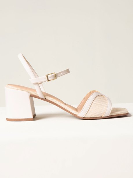 Sandália Salto Bloco com Textura de Linho Off White Janice