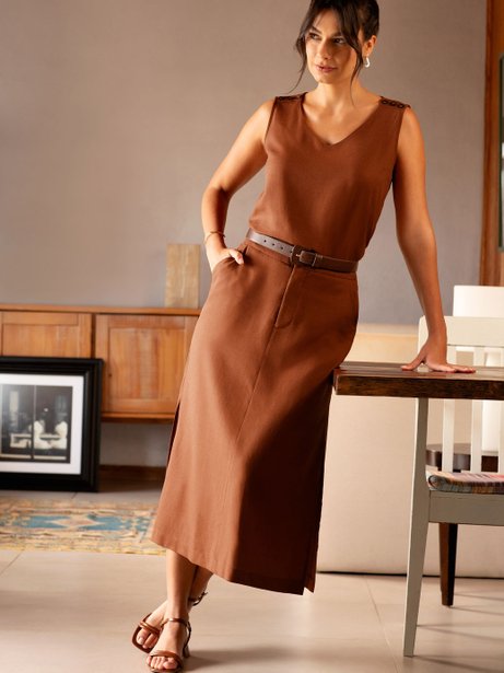 Saia Longuete em Linho Marrom Heleonor